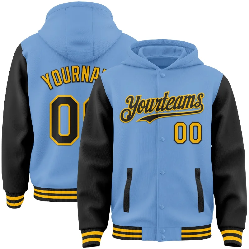 Classic Crewneck Hoodie for Timeless Style-Custom Light Blue Black-Gold Bomber Full-Snap Varsity Letterman Two Tone Hoodie Jacket