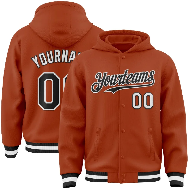 Athletic Zip Hoodie for Gym and Sports-Custom Texas Orange Black-White Bomber Full-Snap Varsity Letterman Hoodie Jacket