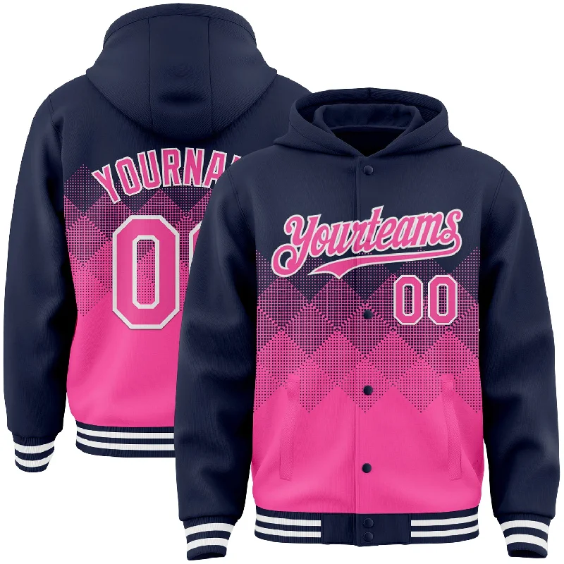 Soft Sherpa Hoodie for Extra Warmth-Custom Navy Pink-White Gradient Square Shape 3D Pattern Design Bomber Full-Snap Varsity Letterman Hoodie Jacket