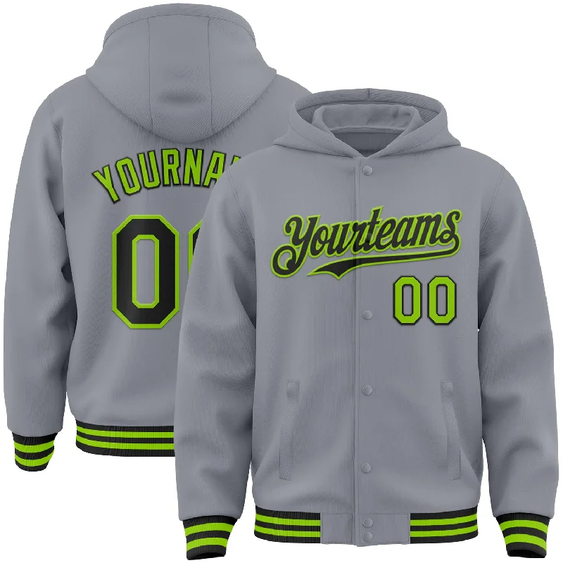 Comfortable Hooded Sweatshirt for Layering-Custom Gray Black-Neon Green Bomber Full-Snap Varsity Letterman Hoodie Jacket