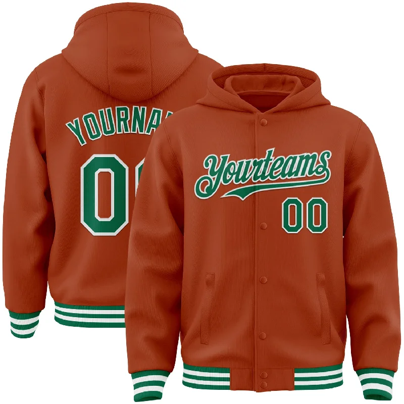 Soft and Breathable Hoodie for All-Day Wear-Custom Texas Orange Kelly Green-White Bomber Full-Snap Varsity Letterman Hoodie Jacket