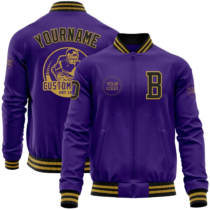 Cozy Knit Jacket for Relaxed Comfort-Custom Purple Black-Old Gold Bomber Varsity Letterman Zipper Jacket