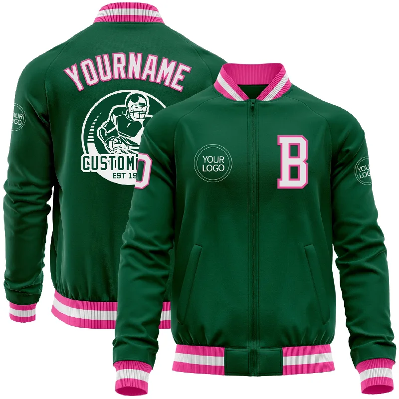 Reflective Jacket for Running and Cycling-Custom Kelly Green White-Pink Bomber Varsity Letterman Zipper Jacket