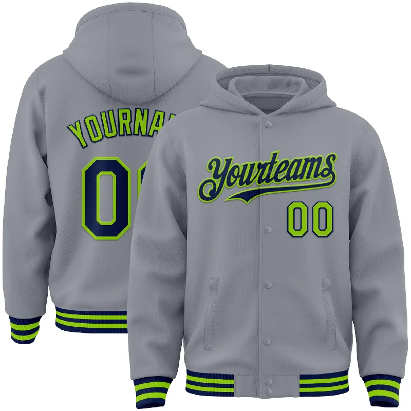 Performance Hoodie for Workout Sessions-Custom Gray Navy-Neon Green Bomber Full-Snap Varsity Letterman Hoodie Jacket