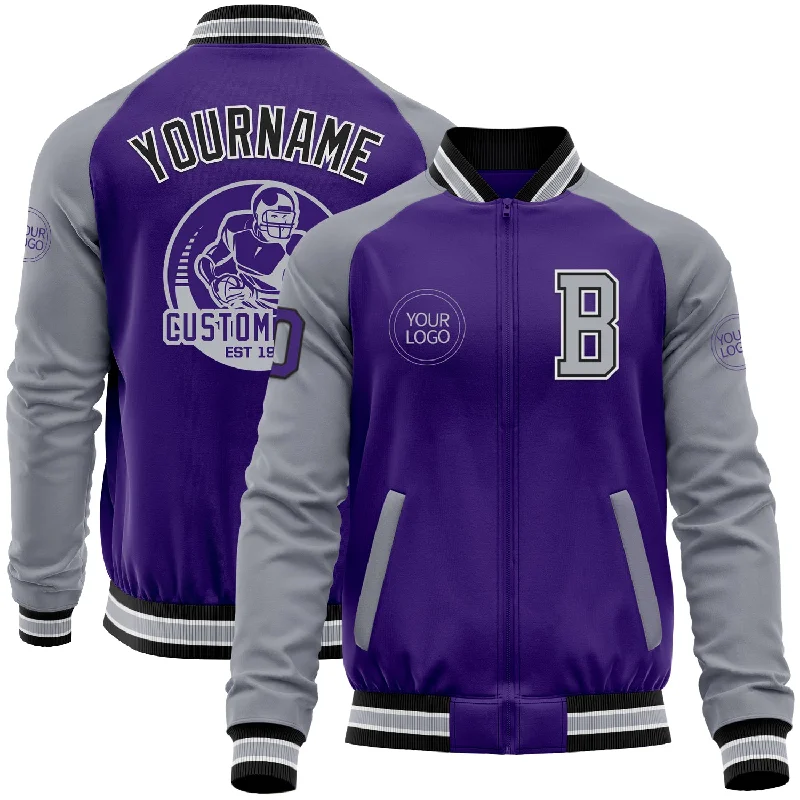 Puffer Jacket for Extra Warmth and Comfort-Custom Purple Gray-Black Bomber Varsity Letterman Two Tone Zipper Jacket