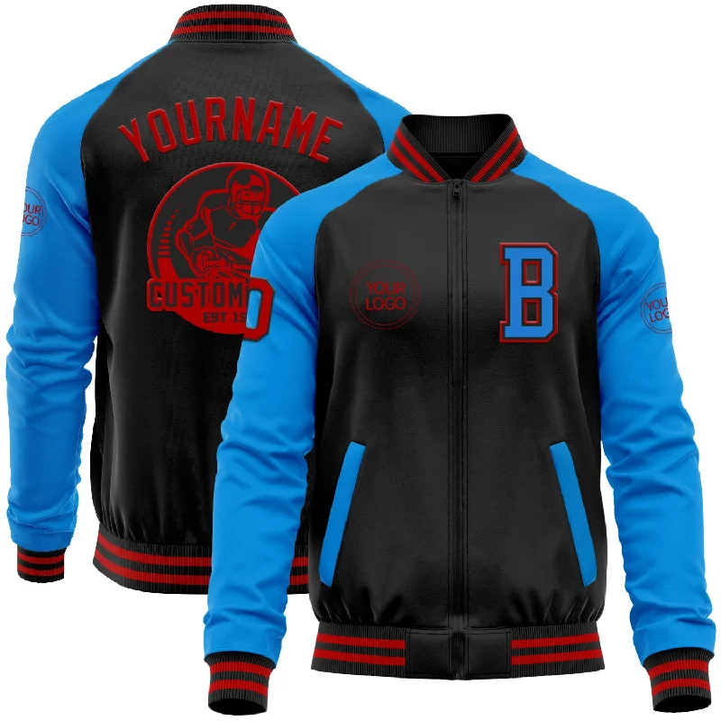 Classic Cotton Jacket for Everyday Use-Custom Black Red-Powder Blue Bomber Varsity Letterman Two Tone Zipper Jacket