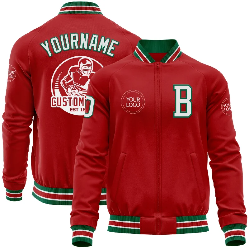 Zip-Up Hooded Jacket for Layering Style-Custom Red White-Kelly Green Bomber Varsity Letterman Zipper Jacket