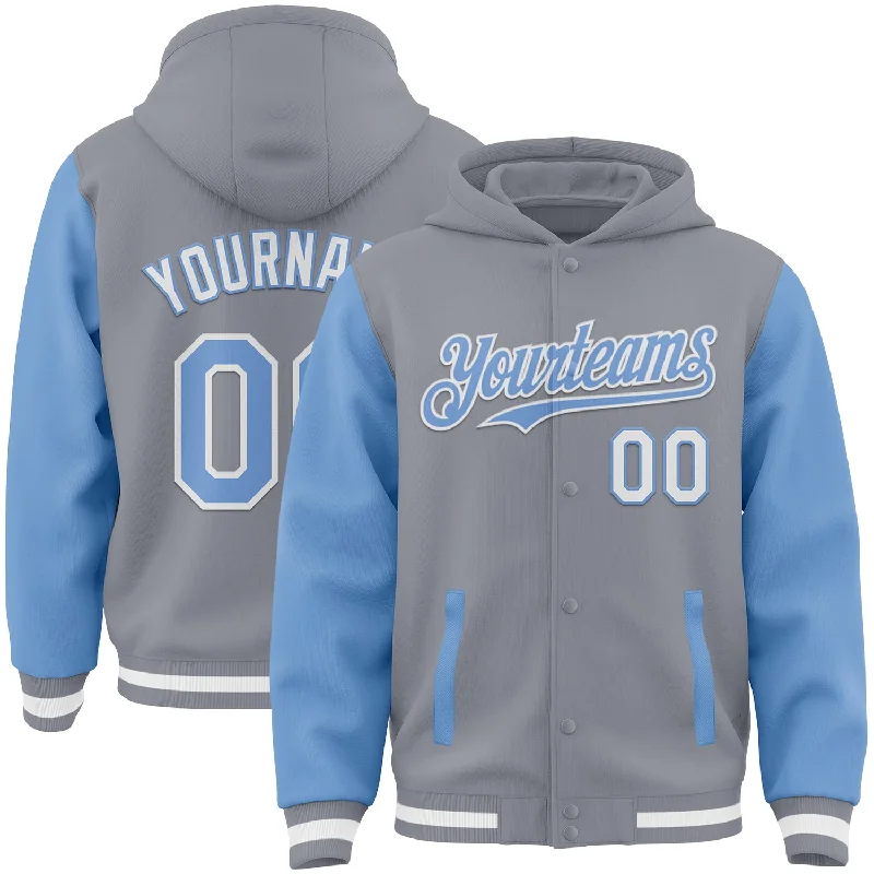 Breathable Hoodie for Outdoor Activities-Custom Gray Light Blue-White Bomber Full-Snap Varsity Letterman Two Tone Hoodie Jacket