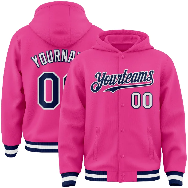 Soft Knit Hoodie for Lightweight Warmth-Custom Pink Navy-White Bomber Full-Snap Varsity Letterman Hoodie Jacket