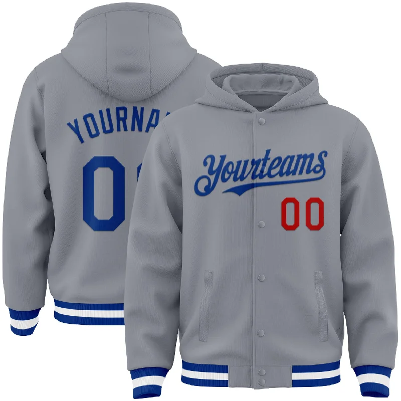 Stylish Hooded Sweatshirt for Casual Looks-Custom Gray Royal-Red Bomber Full-Snap Varsity Letterman Hoodie Jacket