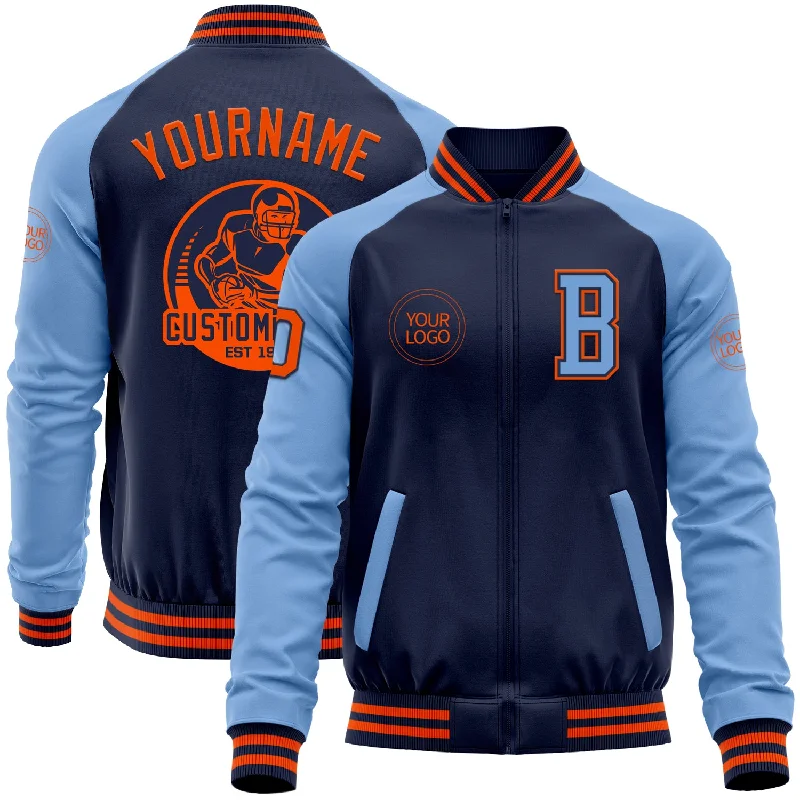 Tech Fabric Jacket for Modern Performance Wear-Custom Navy Orange-Light Blue Bomber Varsity Letterman Two Tone Zipper Jacket