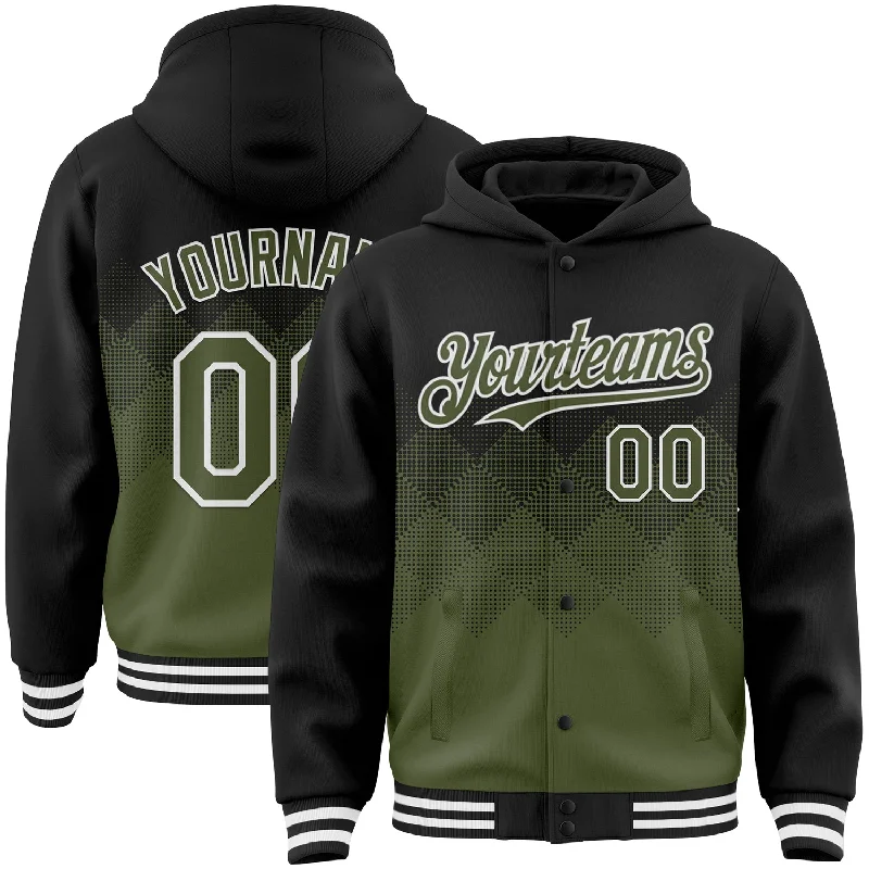 Breathable Hoodie for Outdoor Activities-Custom Black Olive-White Gradient Square Shape 3D Pattern Design Bomber Full-Snap Varsity Letterman Hoodie Jacket