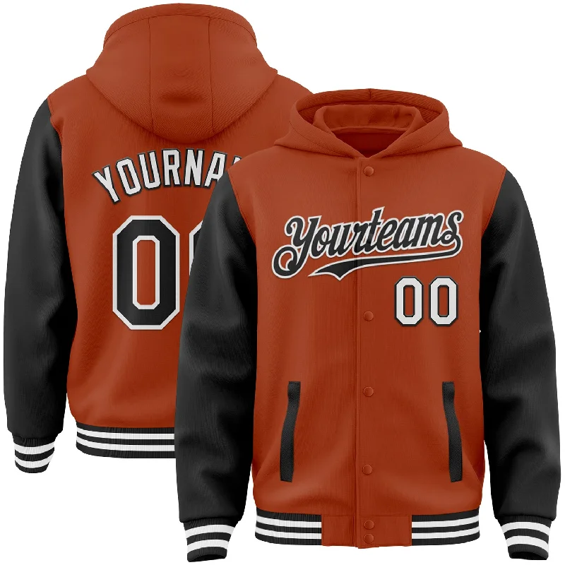 High-Performance Hoodie for Cold Weather Sports-Custom Texas Orange Black-White Bomber Full-Snap Varsity Letterman Two Tone Hoodie Jacket