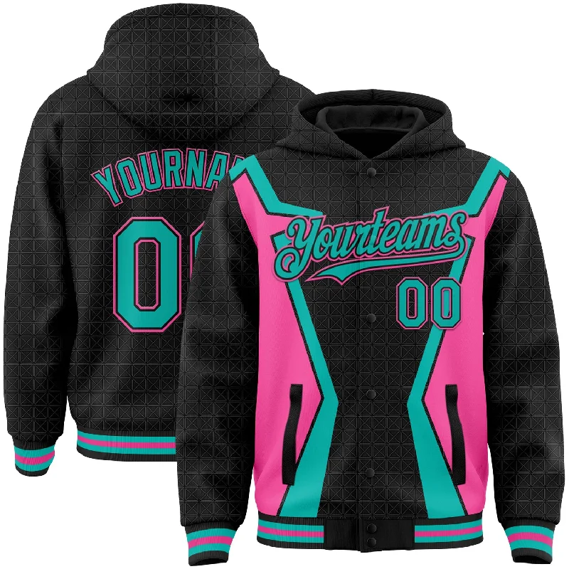 Bold Color Hoodie for Attention-Grabbing Style-Custom Black Aqua-Pink Arrow 3D Pattern Design Bomber Full-Snap Varsity Letterman Hoodie Jacket