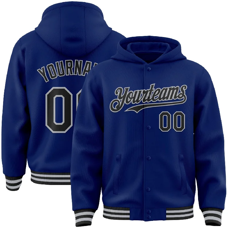 Cool Hoodie with Bold Logos for Statement Style-Custom Royal Black-Gray Bomber Full-Snap Varsity Letterman Hoodie Jacket