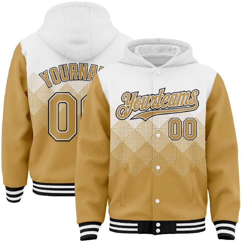 Lightweight Hoodie with Mesh Lining for Ventilation-Custom White Old Gold-Black Gradient Square Shape 3D Pattern Design Bomber Full-Snap Varsity Letterman Hoodie Jacket