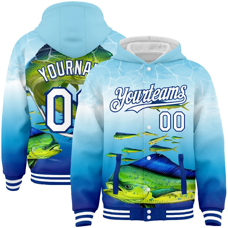 Soft French Terry Hoodie for Comfy Casual Wear-Custom Lakes Blue White-Royal Mahimah Fish Fishing 3D Bomber Full-Snap Varsity Letterman Hoodie Jacket