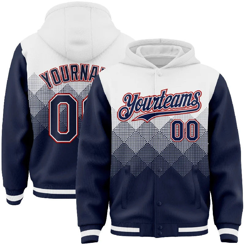 Trendy Hoodie with Graphics for Modern Appeal-Custom White Navy-Red Gradient Square Shape 3D Pattern Design Bomber Full-Snap Varsity Letterman Hoodie Jacket