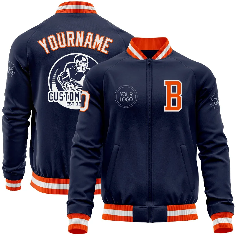 Sports Training Jacket for Comfort and Performance-Custom Navy White-Orange Bomber Varsity Letterman Zipper Jacket