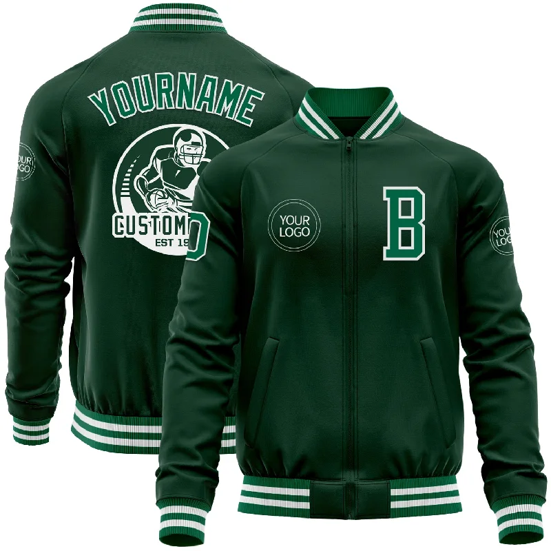 Packable Jacket for Travel and Convenience-Custom Green Kelly Green-White Bomber Varsity Letterman Zipper Jacket