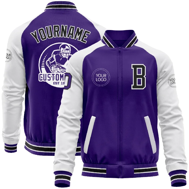 Warm Down Jacket for Winter Sports-Custom Purple Black-White Bomber Varsity Letterman Two Tone Zipper Jacket