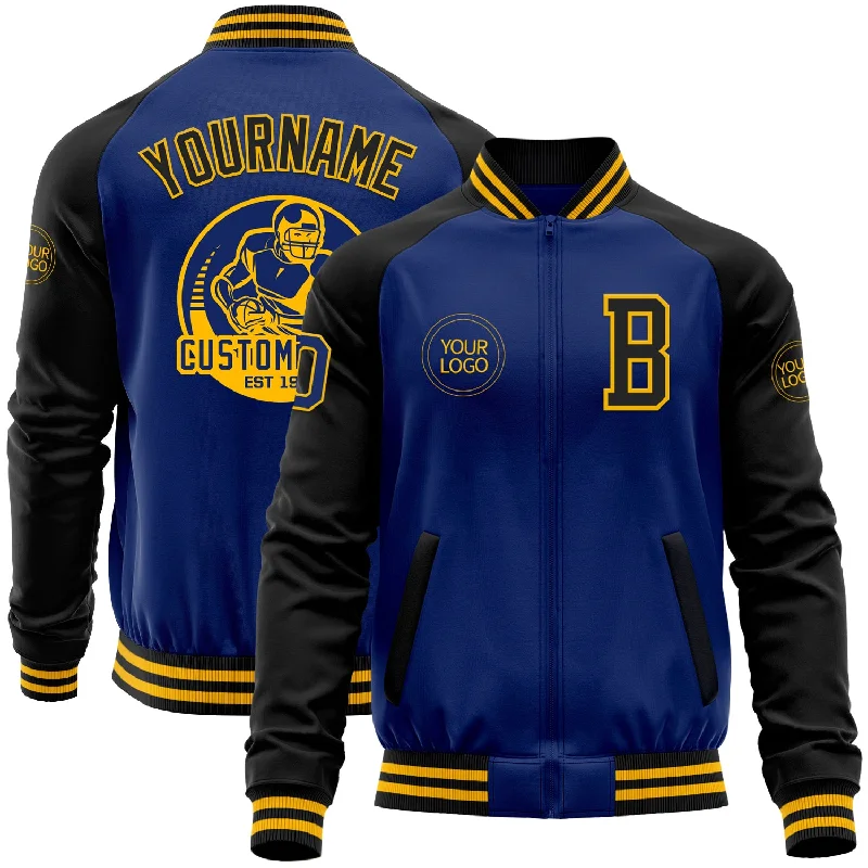 Sports Windbreaker Jacket for Active Wear-Custom Royal Black-Gold Bomber Varsity Letterman Two Tone Zipper Jacket