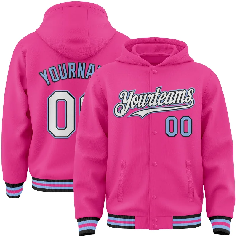 Soft Cotton Blend Hoodie for Extra Comfort-Custom Pink Black-Light Blue Bomber Full-Snap Varsity Letterman Hoodie Jacket