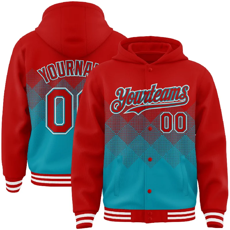 Stylish Hooded Sweatshirt for Casual Looks-Custom Red Teal-White Gradient Square Shape 3D Pattern Design Bomber Full-Snap Varsity Letterman Hoodie Jacket