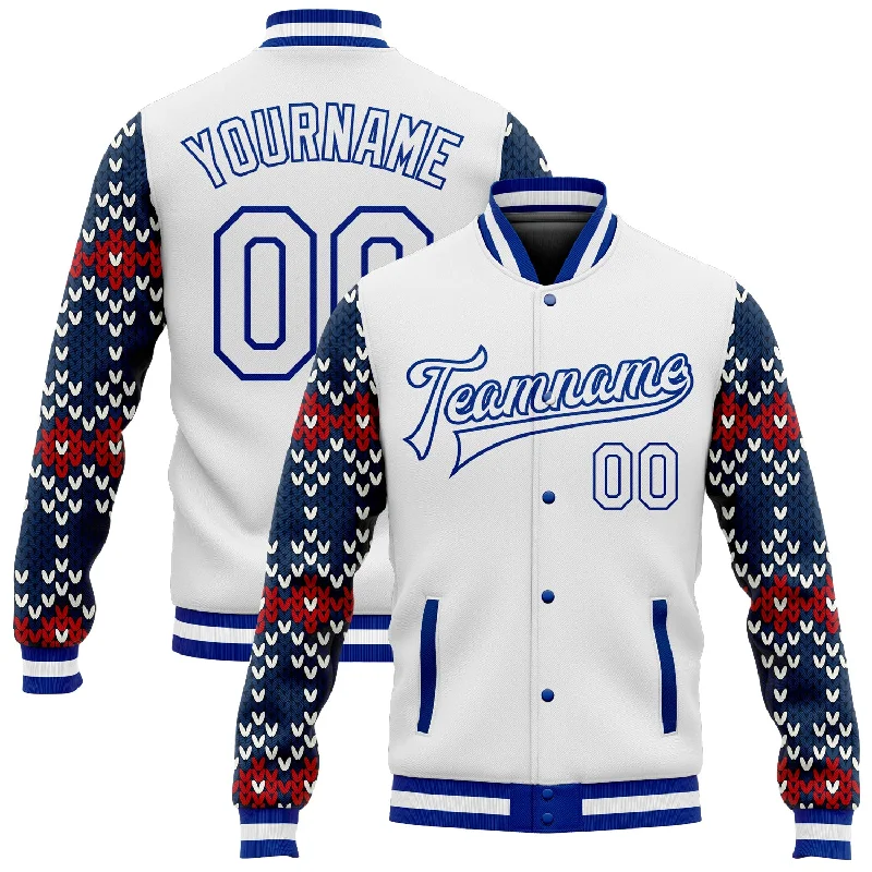 Comfy Cotton Jacket for Easy Casual Looks-Custom White Royal-Navy Christmas 3D Bomber Full-Snap Varsity Letterman Jacket