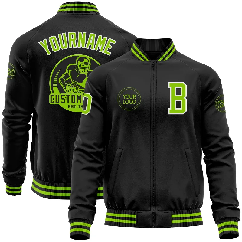 Urban Street Jacket for City Living-Custom Black Neon Green-White Bomber Varsity Letterman Zipper Jacket