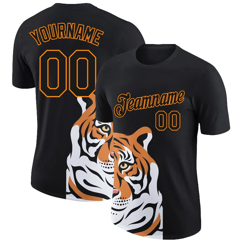 Soft and Stretchy T-Shirt for Perfect Fit-Custom Black Bay Orange 3D Pattern Design Tiger Performance T-Shirt