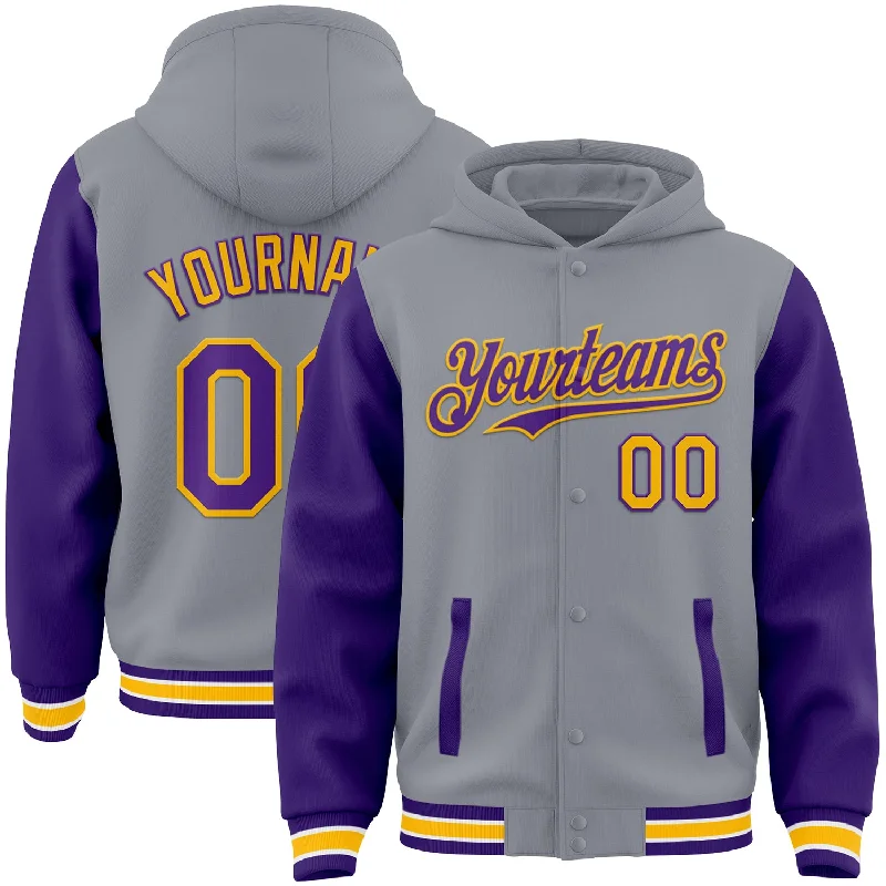 Fashion Hoodie for Trendsetters-Custom Gray Purple-Gold Bomber Full-Snap Varsity Letterman Two Tone Hoodie Jacket