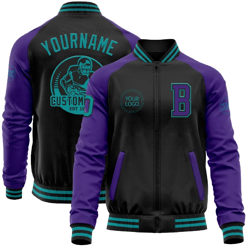 Commuter Jacket for Urban Traveling-Custom Black Teal-Purple Bomber Varsity Letterman Two Tone Zipper Jacket