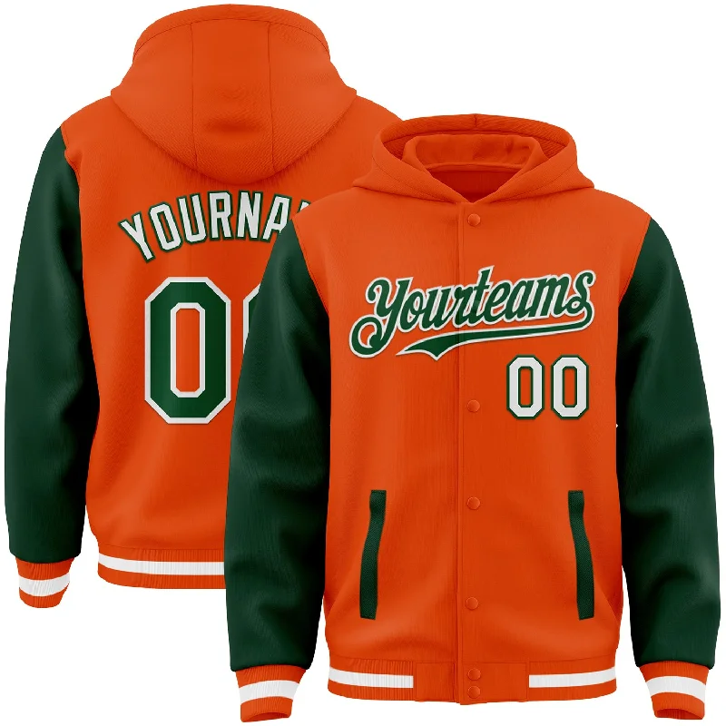 Soft Cotton Hooded Sweatshirt for Comfort-Custom Orange Green-White Bomber Full-Snap Varsity Letterman Two Tone Hoodie Jacket