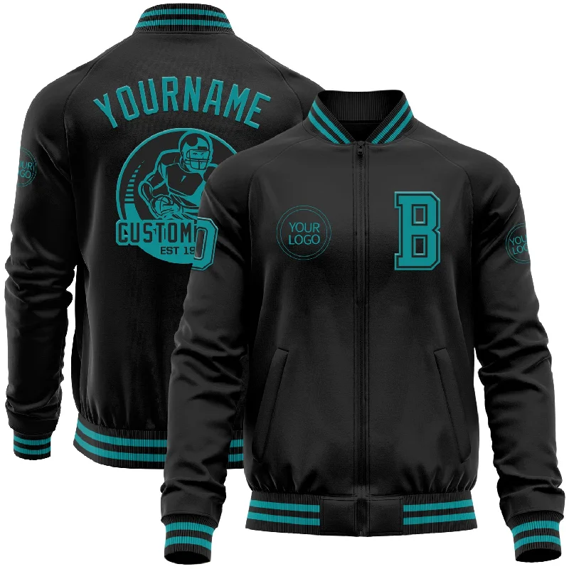 Warm Fleece Jacket for Cold Weather Comfort-Custom Black Teal Bomber Varsity Letterman Zipper Jacket