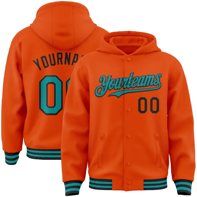 Graphic Print Zip Hoodie for Stylish Looks-Custom Orange Teal-Black Bomber Full-Snap Varsity Letterman Hoodie Jacket