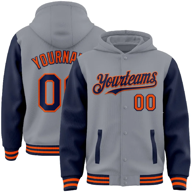 Youth Hoodie for Comfortable, Stylish Wear-Custom Gray Navy-Orange Bomber Full-Snap Varsity Letterman Two Tone Hoodie Jacket