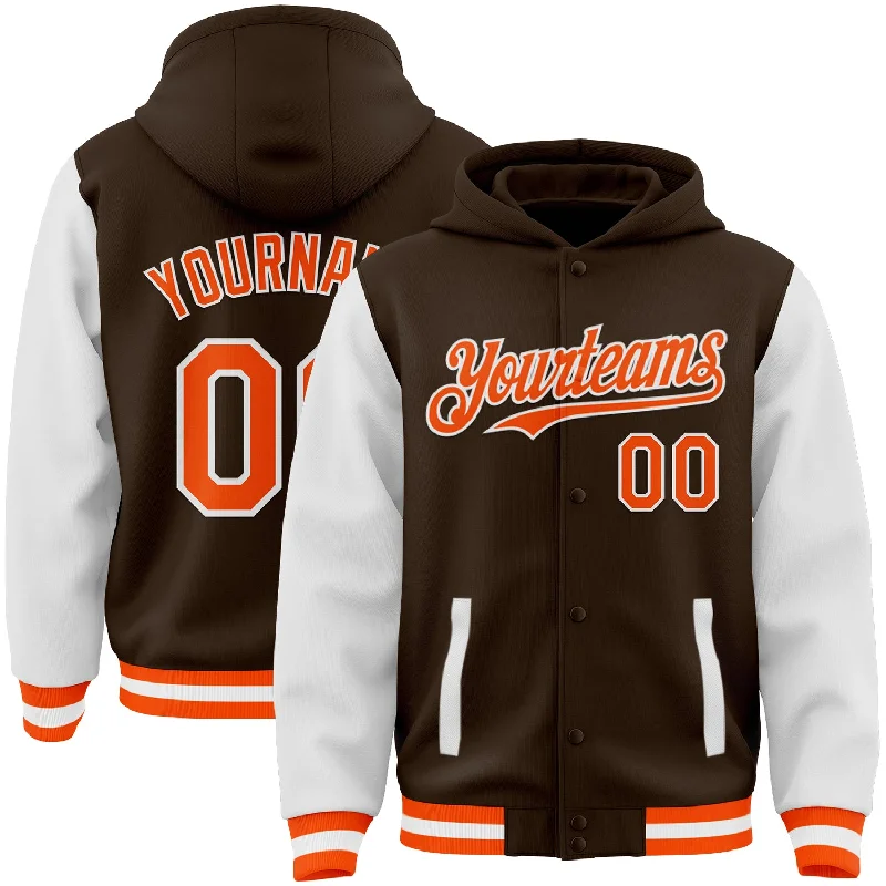 Elegant Hooded Sweatshirt for Classy Casual Wear-Custom Brown Orange-White Bomber Full-Snap Varsity Letterman Two Tone Hoodie Jacket