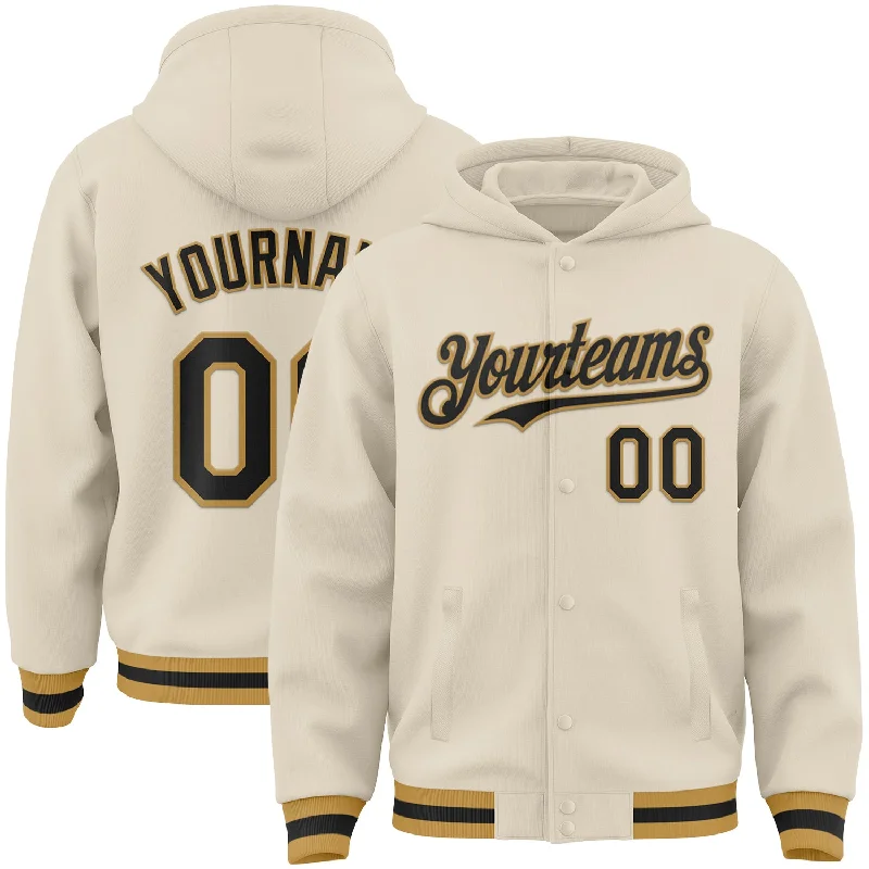 Comfortable Cotton Hoodie for All-Day Comfort-Custom Cream Black-Old Gold Bomber Full-Snap Varsity Letterman Hoodie Jacket