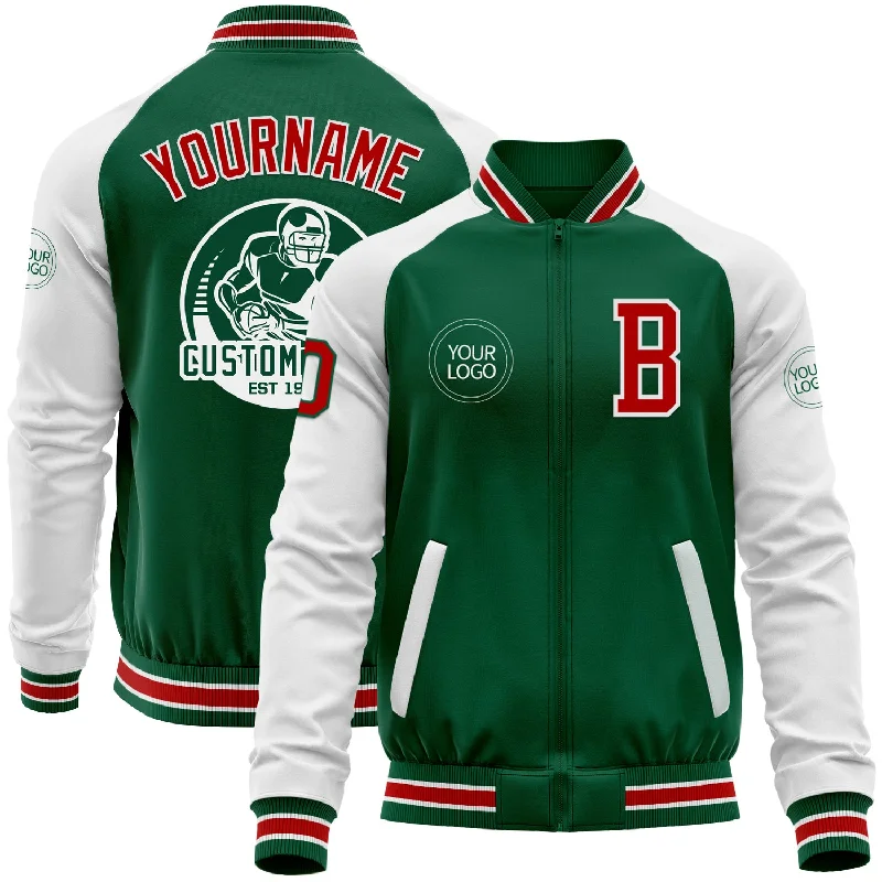 Zip-Up Sports Jacket for Workout Sessions-Custom Kelly Green Red-White Bomber Varsity Letterman Two Tone Zipper Jacket