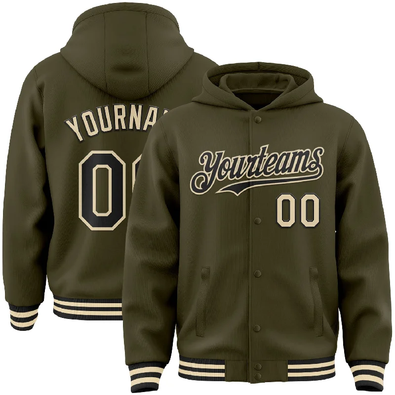 Street-Inspired Hoodie for Urban Fashion-Custom Olive Black-Cream Bomber Full-Snap Varsity Letterman Salute To Service Hoodie Jacket