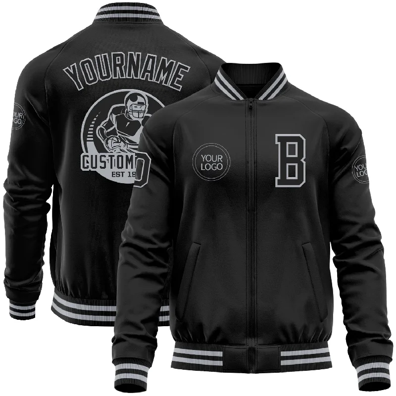 Insulated Jacket for Cold Winter Days-Custom Black Gray Bomber Varsity Letterman Zipper Jacket