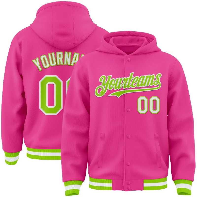 Cozy Pullover Hoodie for Relaxing at Home-Custom Pink Neon Green-White Bomber Full-Snap Varsity Letterman Hoodie Jacket