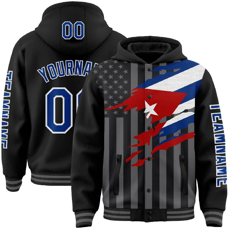 Vintage-Inspired Hoodie for Classic Appeal-Custom Black Royal-Gray Cuba Cuban Flag 3D Bomber Full-Snap Varsity Letterman Hoodie Jacket