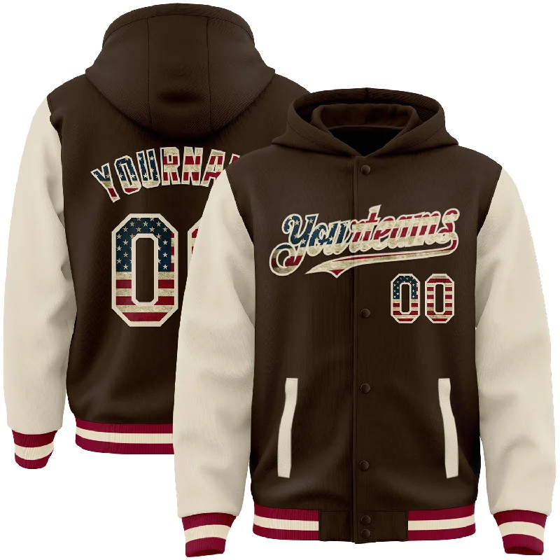 Soft Pullover Hoodie for Cold Weather Style-Custom Brown Vintage USA Flag Cream-Maroon Bomber Full-Snap Varsity Letterman Two Tone Hoodie Jacket