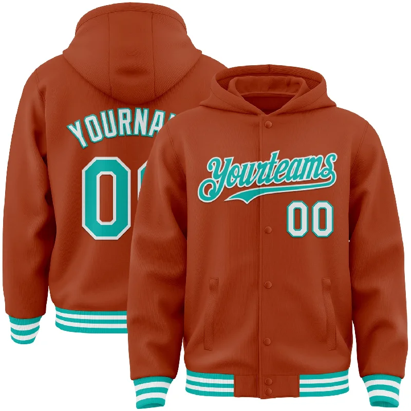 Oversized Pullover Hoodie for Casual Comfort-Custom Texas Orange Aqua-White Bomber Full-Snap Varsity Letterman Hoodie Jacket