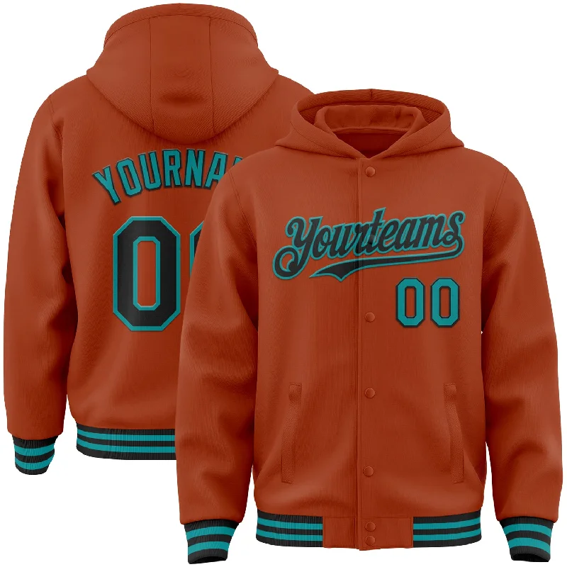 Classic Hoodie for Everyday Comfort-Custom Texas Orange Black-Teal Bomber Full-Snap Varsity Letterman Hoodie Jacket