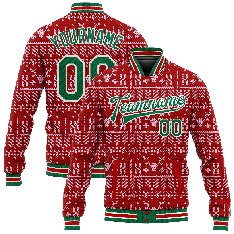 Cool Utility Jacket for Outdoor and Everyday Wear-Custom Red Kelly Green-White Christmas 3D Bomber Full-Snap Varsity Letterman Jacket