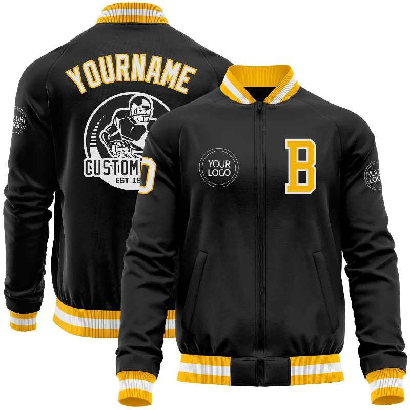 Adjustable Fit Jacket for Personalized Comfort-Custom Black Gold-White Bomber Varsity Letterman Zipper Jacket