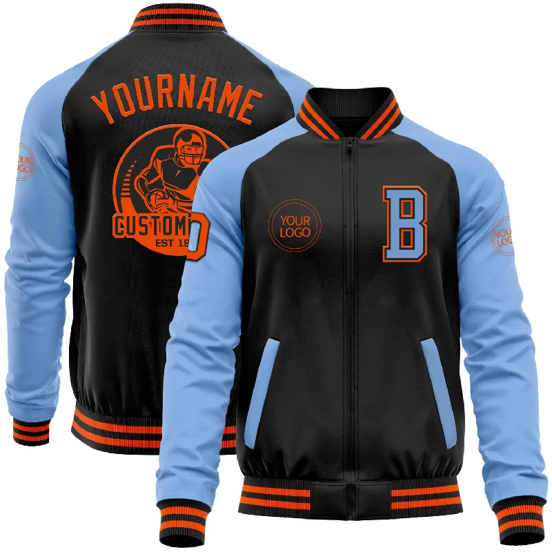 Comfortable Wool Jacket for Cold Winter Evenings-Custom Black Orange-Light Blue Bomber Varsity Letterman Two Tone Zipper Jacket